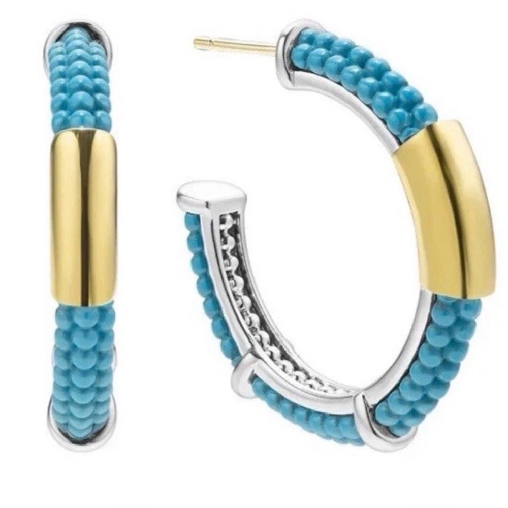 Lagos Gold Silver Caviar Blue Beaded Hoop Earrings